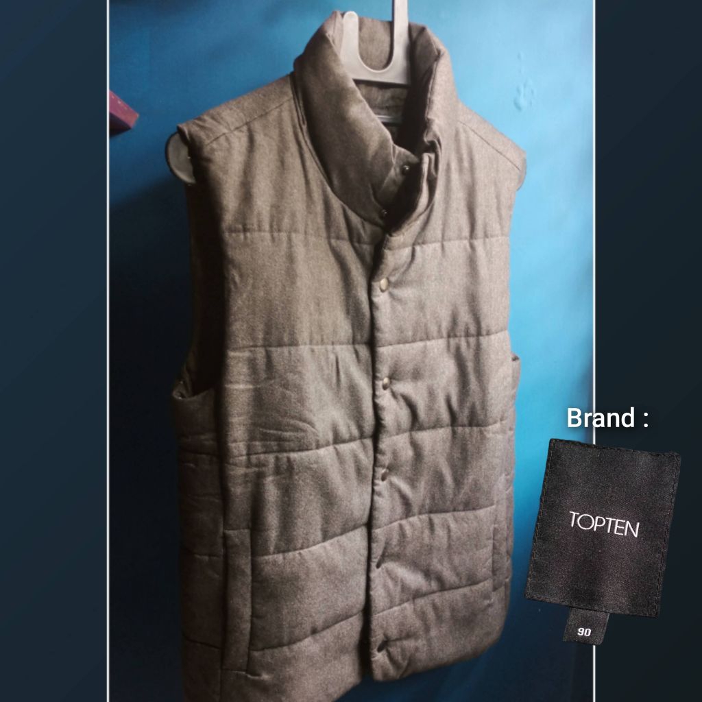 TOPTEN VEST DOWN Abu Hitam Pria Size S 90 # preloved bekas second rompi hangat bulu angsa kutung puf