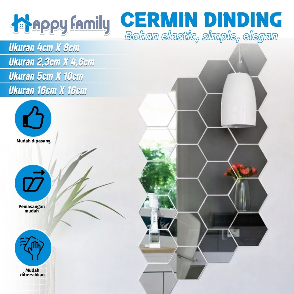 (Happy Family) Cermin Dinding Tempel12 PCS / 3 Ukuran Minimalis – Cermin Hias Rumah