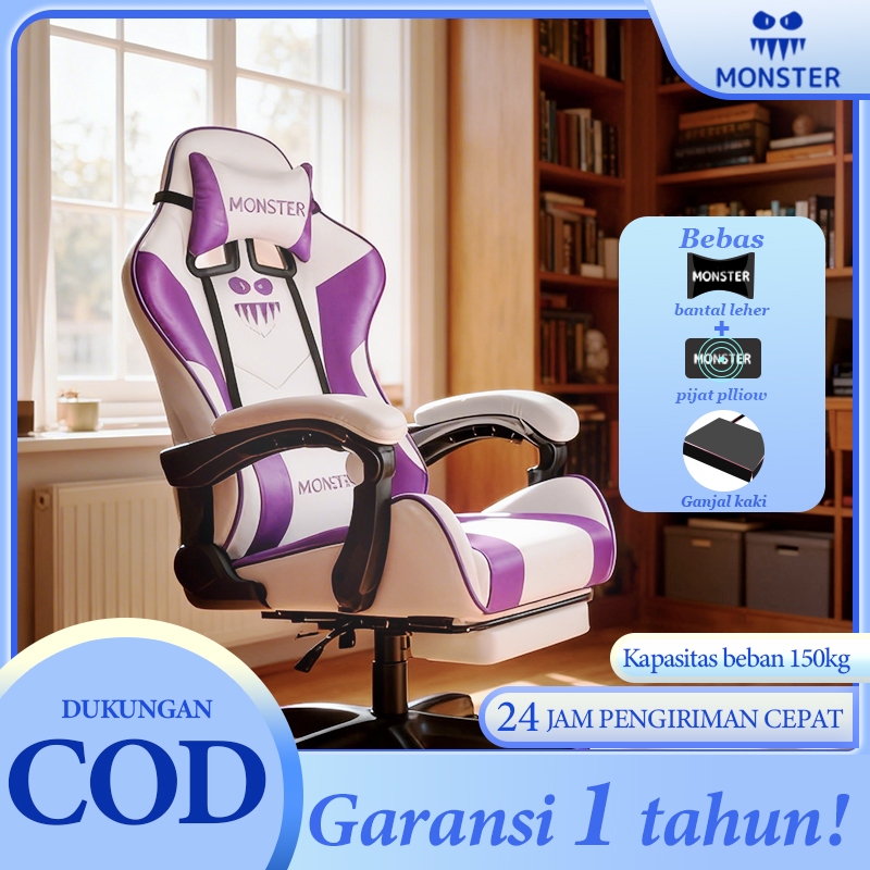Kursi Gaming Ergonomis Monster Reklinasi 90-145° Ketinggian & Sandaran Kaki Adjustable Plastik Kulit
