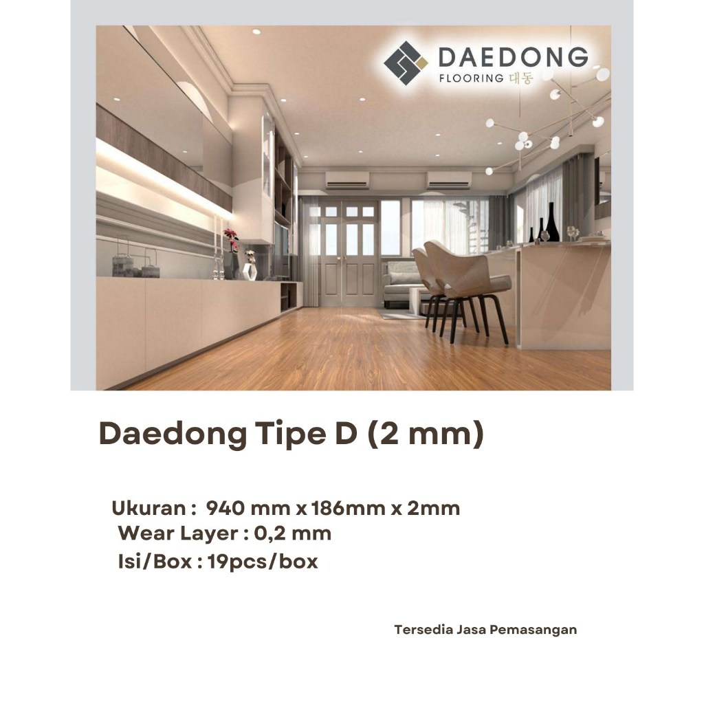 Lantai Vinyl Daedong 2mm motif serat kayu (1 box isi 3,32m²)