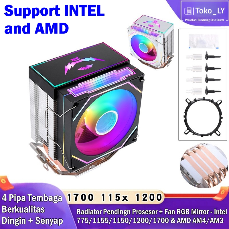 FAN COOLER PROSESOR/HSF Cooler FAN RGB COVER Intel & AMD 9CM 4PIPA Tembaga + 4PIN PWM