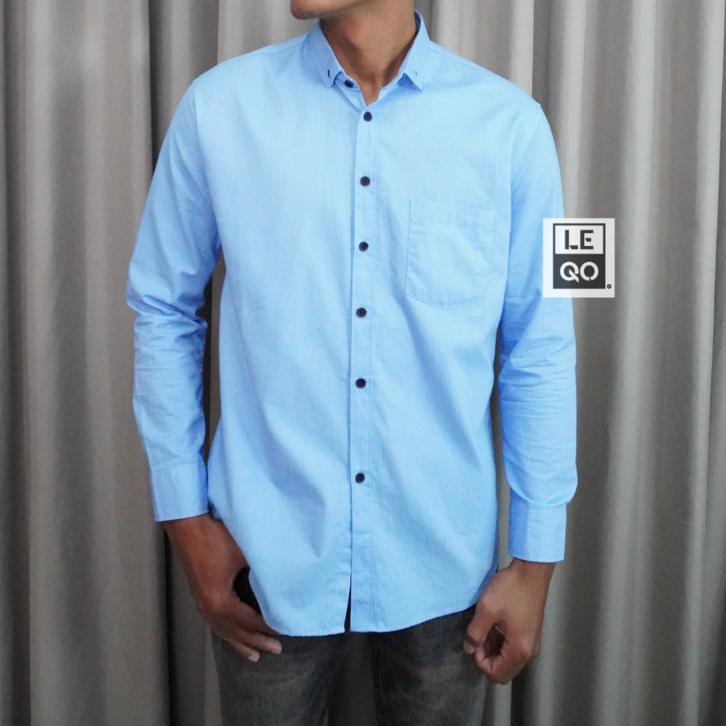Leqo - Oxford Shirt Kemeja Semi Koko Lengan Panjang Pria Basic Polos Katun Casual Baby Blue