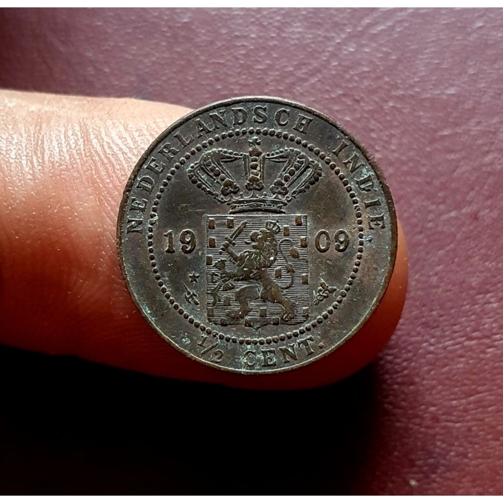 Koin 1/2 cent nederlansche indie wilhelmina queen 1909 keydate langka ef aunc