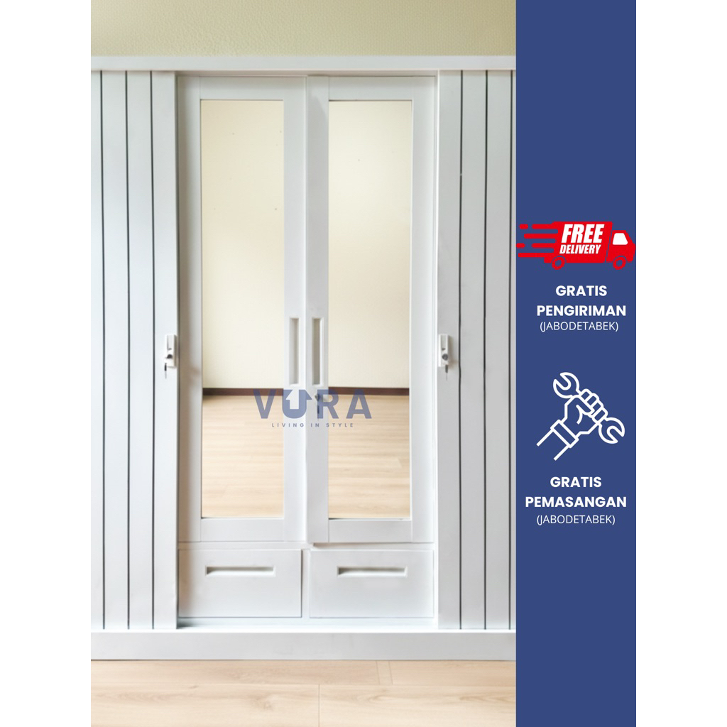 Lemari Pakaian Besi Pintu Engsel Cermin + Geser - 4 Pintu - 160 CM - VURA