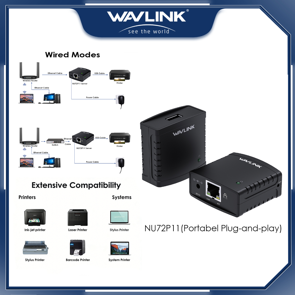 WAVLINK USB2.0 Wireless Print Server Wifi Dengan LAN Print Share Server untuk Printer USB