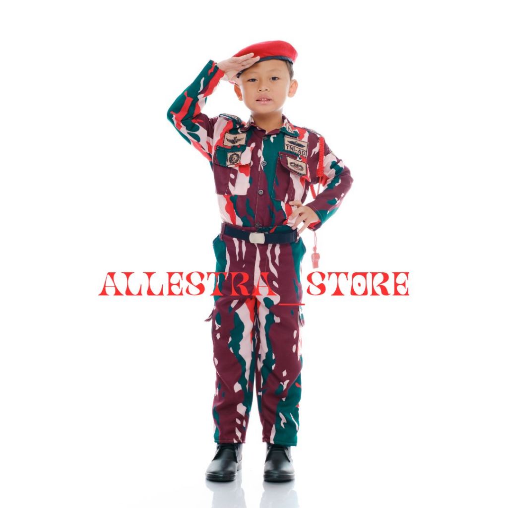 SERAGAM TNI KOPASSUS BARET MERAH FULL SET AKSESORISS KOPEL DAHRIM DAN SEPATU PDL RESSLETING ANAK