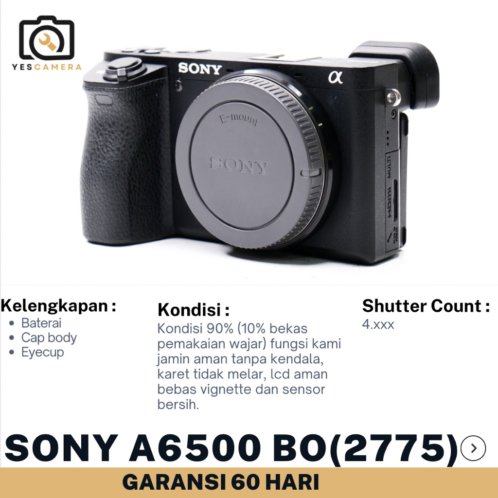Sony A6500 Body Only (Bekas) APS-C Bergaransi 2bulan 24.2MP, Touchscreen, Video 4K UHD, Wifi, NFC, B