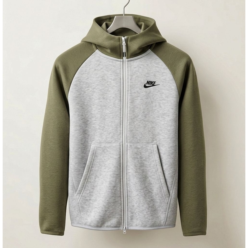 Nike Men's Sportswear Tech Fleece Windrunner  warna hijau lumut/abu-abu. 