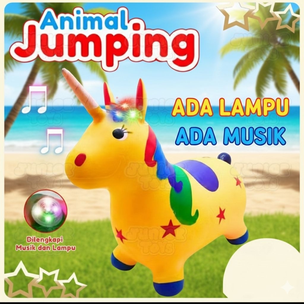 Kuda Mainan Jumping Unicom New Kuning Bisa Dinaiki Anak Musik Lampu LED Kuda Loncat Anak Terlaris 20