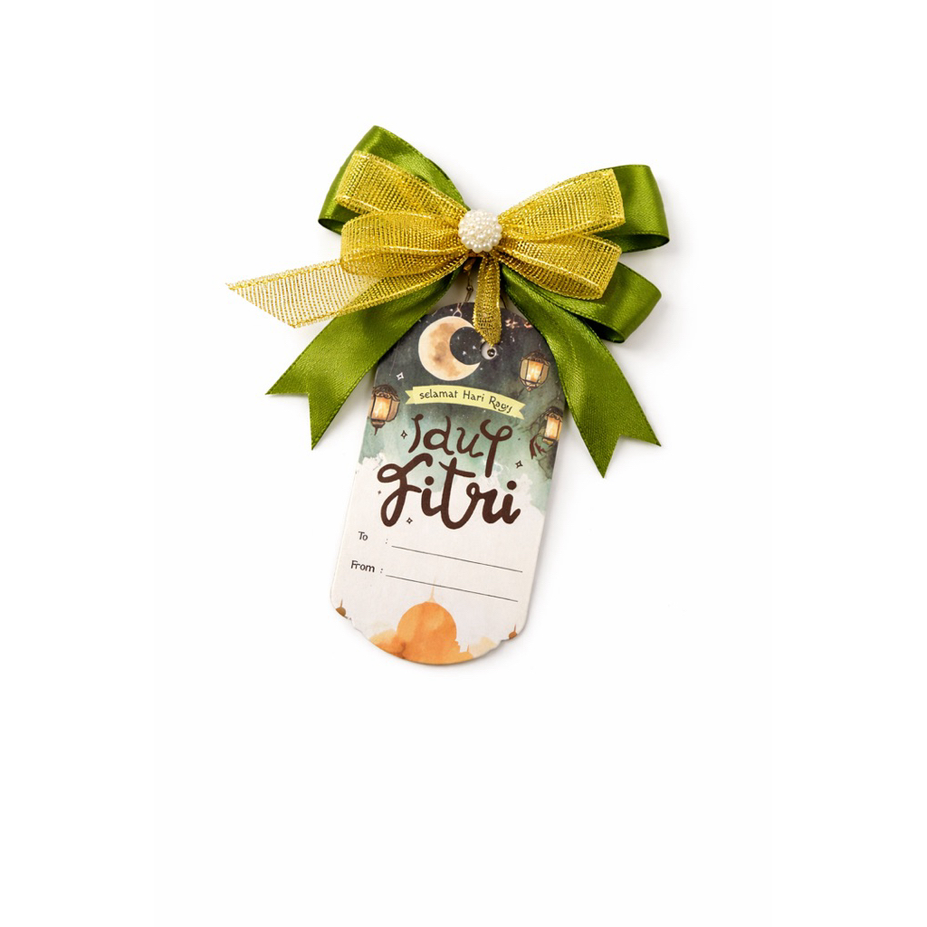 Hang Tag Mutiara pita Ucapan | Pita Motif Idul Fitri Pita Hampers Lebaran Premium Gold Organza + Sat