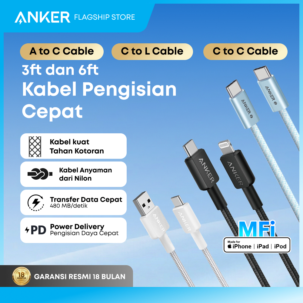 Anker Kabel Data MFi iPhone X 11 12 13 14 15 16 PD USB A Type C to C and Lightning Fast Charging 15W