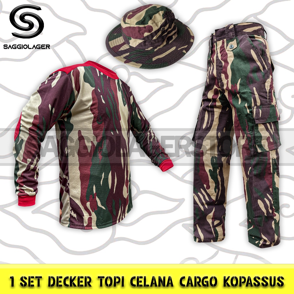 Satu Set Setelan Baju Kaos Decker Busa Topi Celana Pdl Panjang Cargo Loreng TNI Kopassus