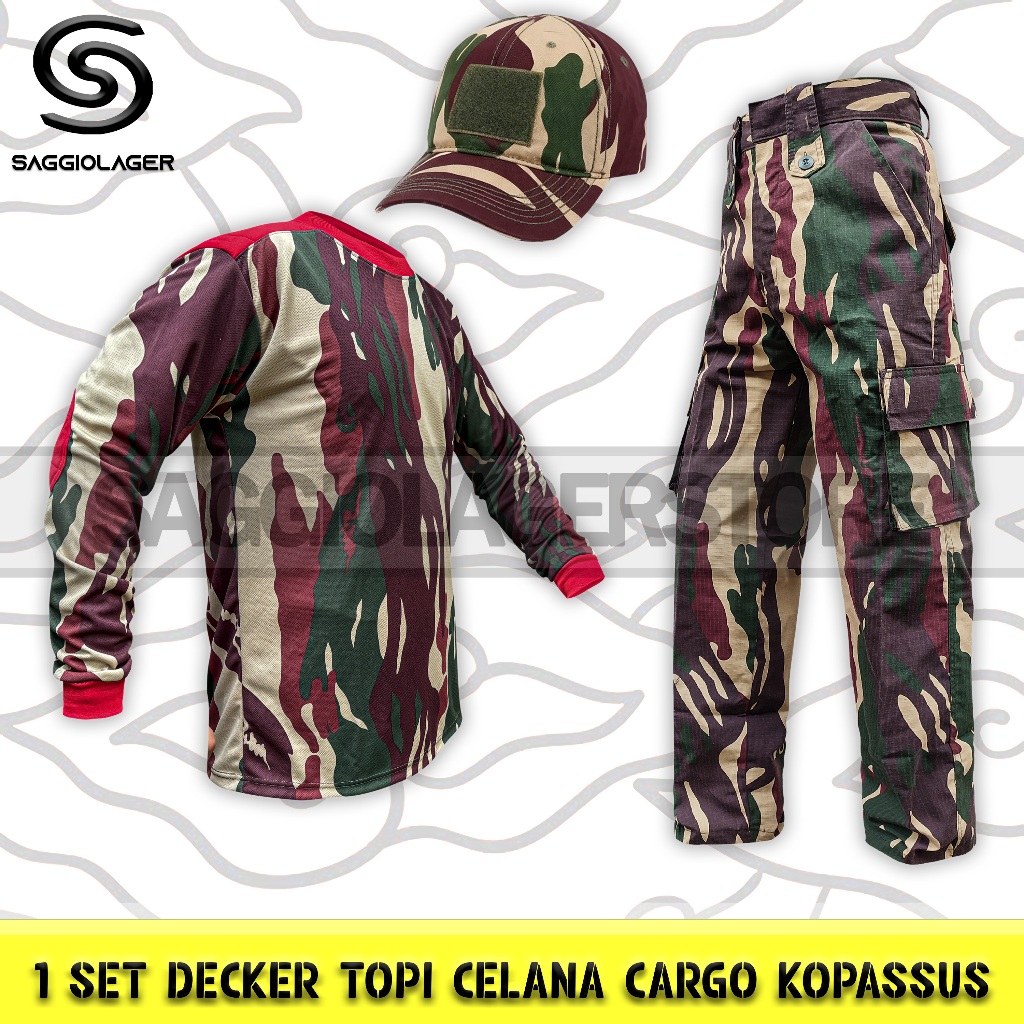 SATU SET SETELAN BAJU KAOS DECKER TOPI CELANA PDL PANJANG CARGO LORENG TNI KOPASSUS