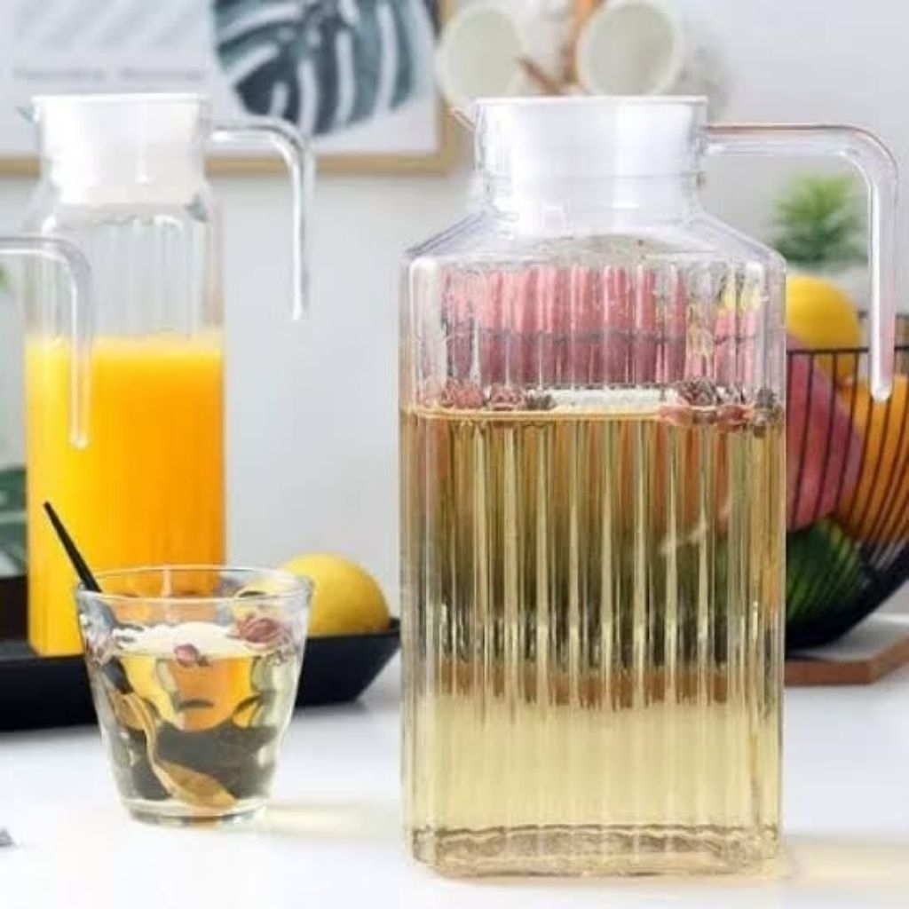 Pitcher Kulkas Kaca Beling Bening Awet Kuat Tebal Tahan Panas Kapasitas 1.6L Teko Gagang Air Minum W