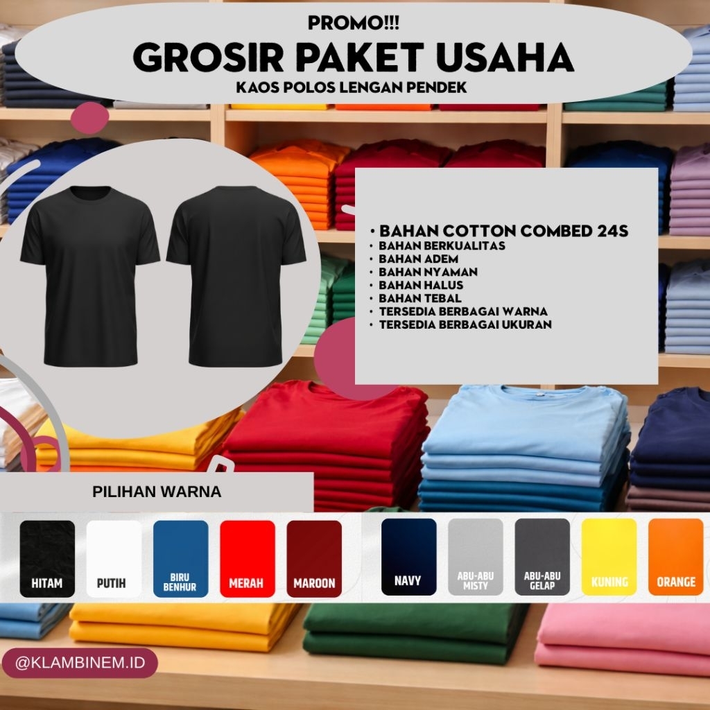 Promo Grosir Paket Usaha Besar Kaos Polos Lengan Pendek Bahan Cotton Combed 24S (Paket isi 40, Paket
