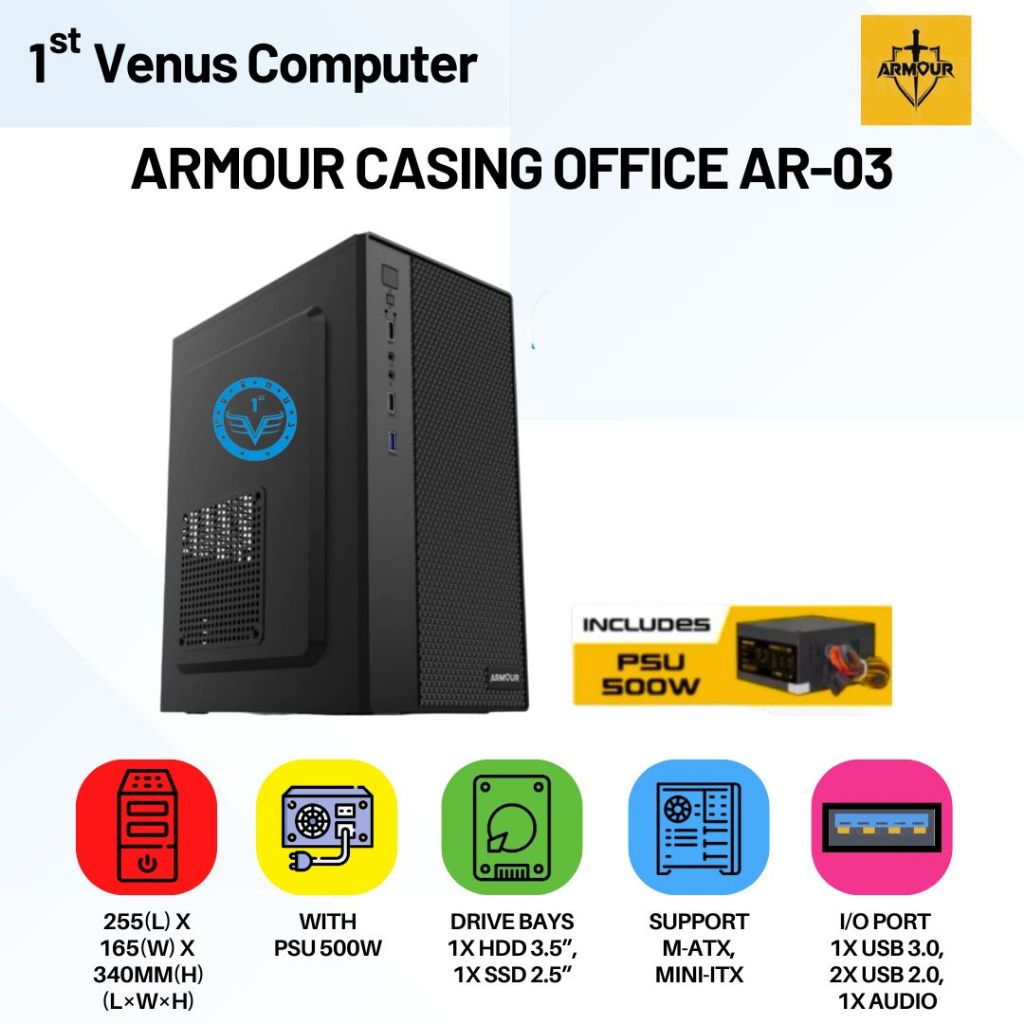 CASING CPU OFFICE ARMOUR AR-03 MATX INCLUDE PSU 500W - AR-03 USB 3.0 / CASING PC MURAH / CASE04-ARM