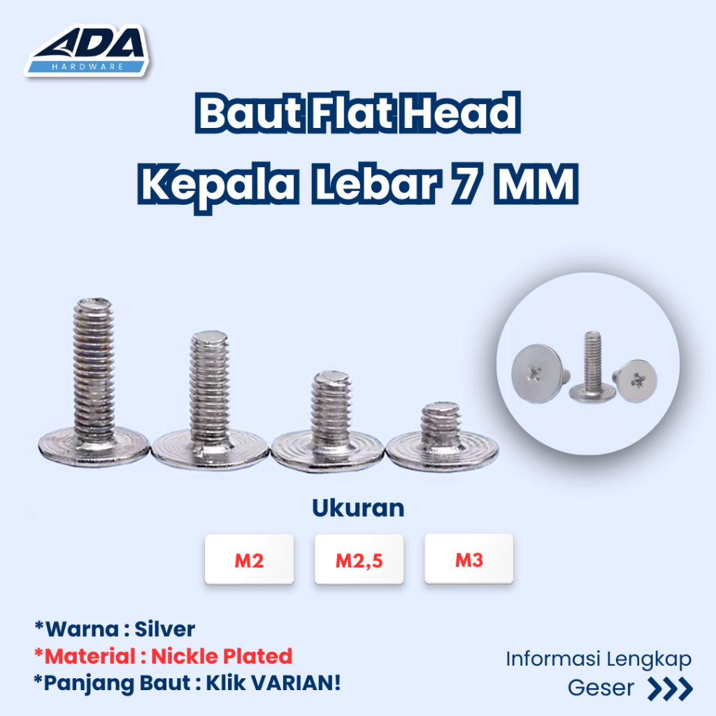 Baut LCD Engsel Laptop Screw Kepala Besar 7 mm Rata Flat Head M2 M2,5 M3