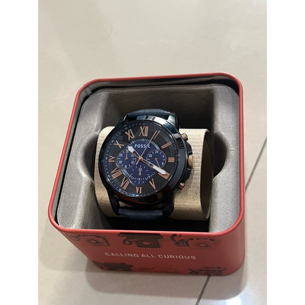 Jam Tangan Pria Fossil Grant Chronograph Navy Leather Strap FS5061 ORIGINAL 100%