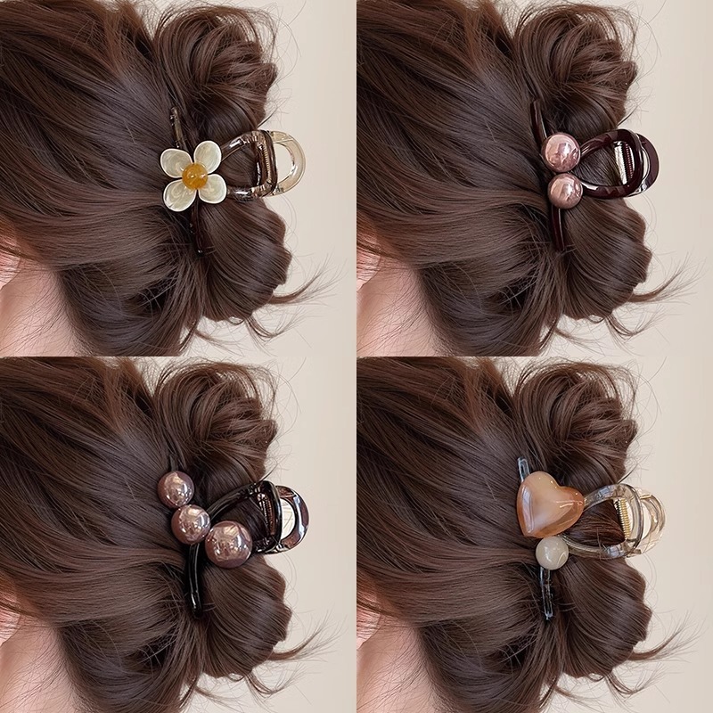 Jepit Rambut Korea Bunga / Mutiara / Hati – Claw Clip Elegant Wanita Aesthetic