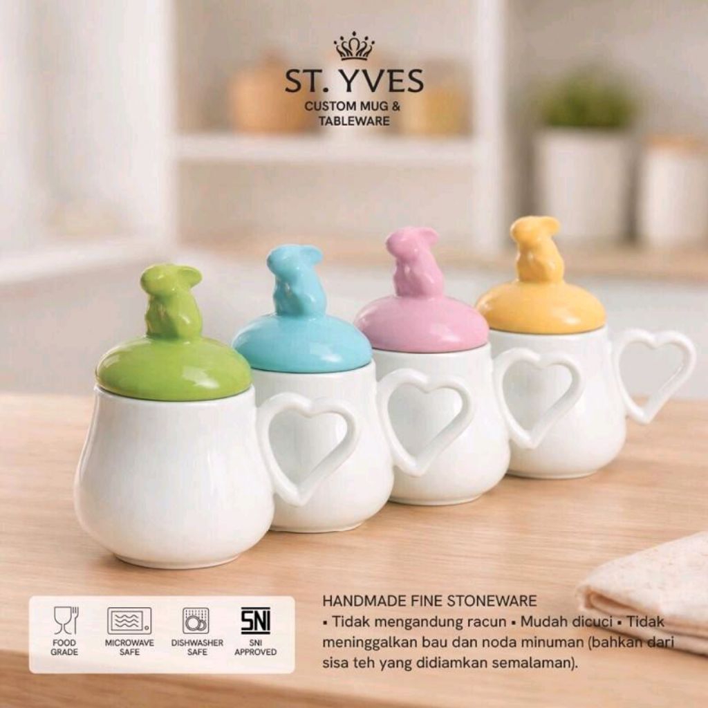 St Yves Heart Pear Mug Cangkir Keramik Mug Keramik Mug tutup kelinci Mug Handle Hati  Dengan Tutup k