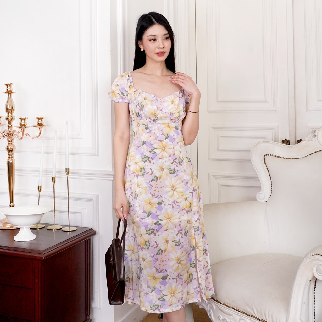 JOUETA | Sophia Midi Dress | Cotton Flower Midi Dress | Dress Wanita Korean Lilac dan Biru Motif Bun