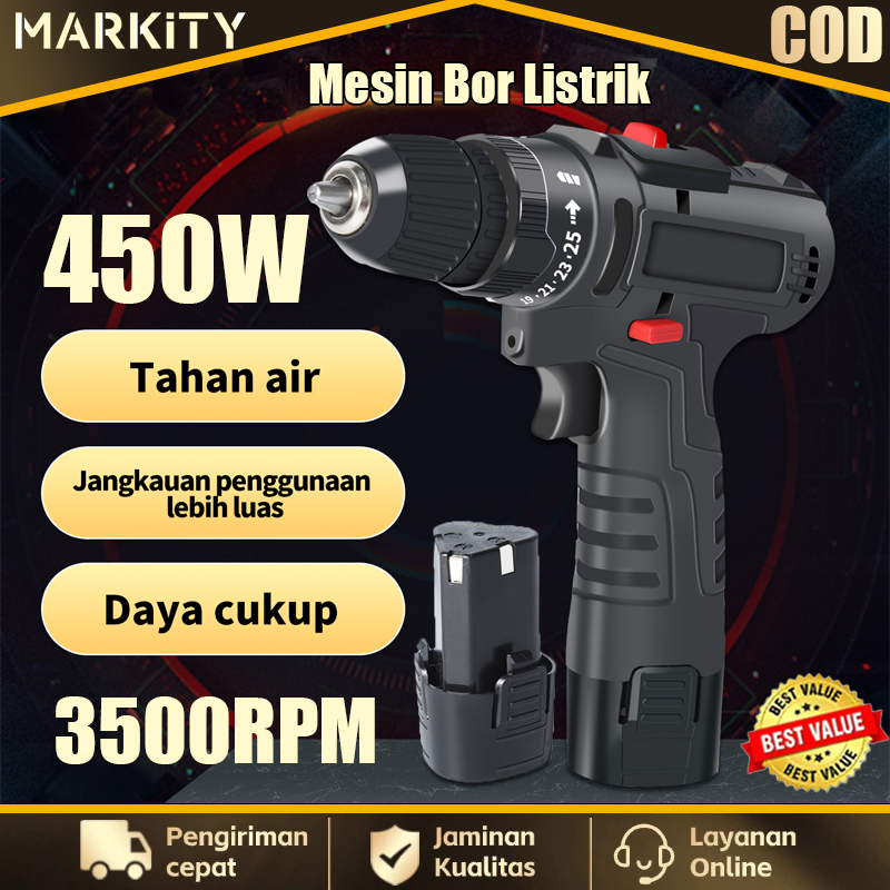 MARKITY Mesin Bor Listrik Cordless 3500RPM Mesin Bor Impact Tangan Brushless Drill Impek 10MM Bor