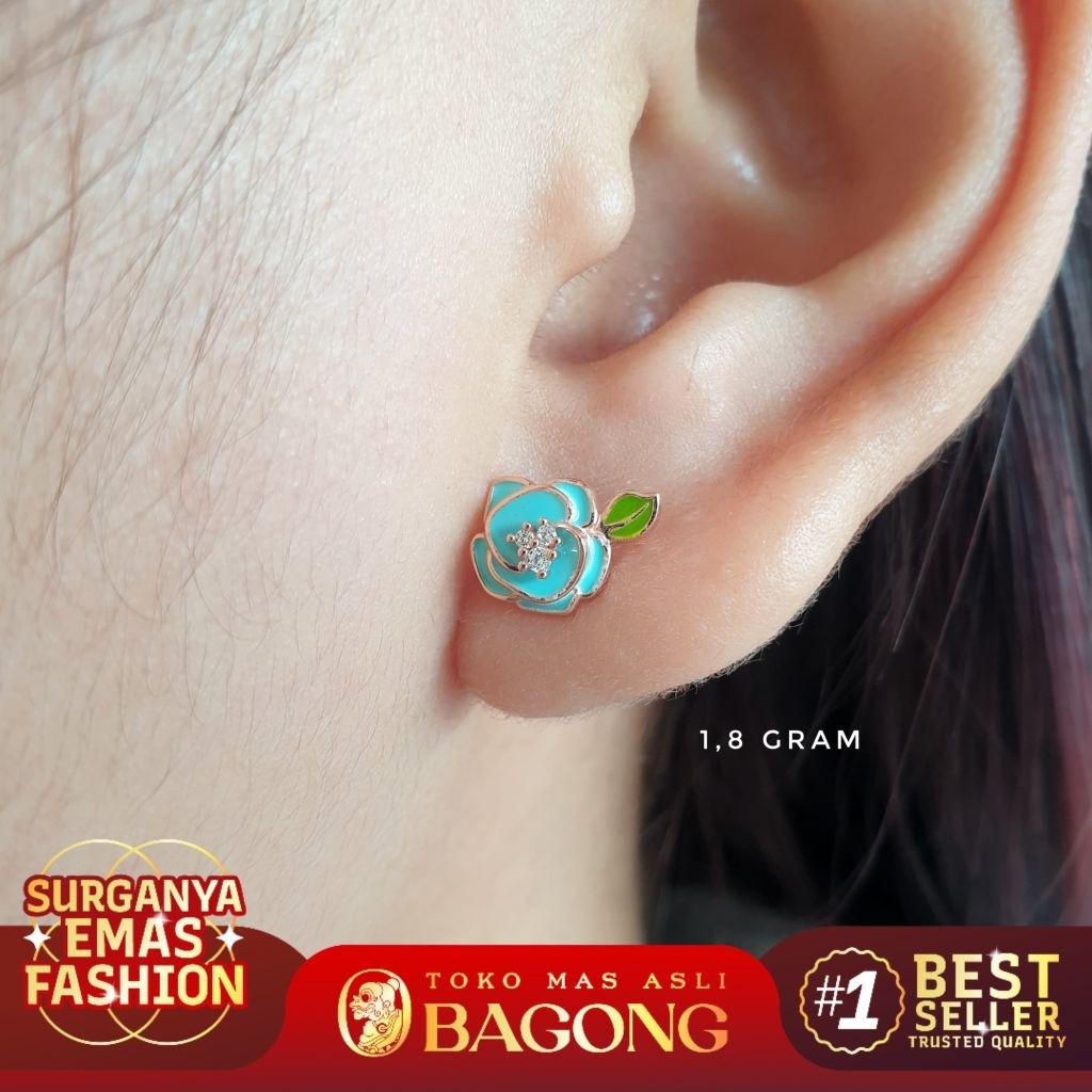 ANTING FASHION TINDIK BUNGA BIRU ROSEGOLD 17K/750 - ASLI BAGONG GOLD BAGONG EMAS