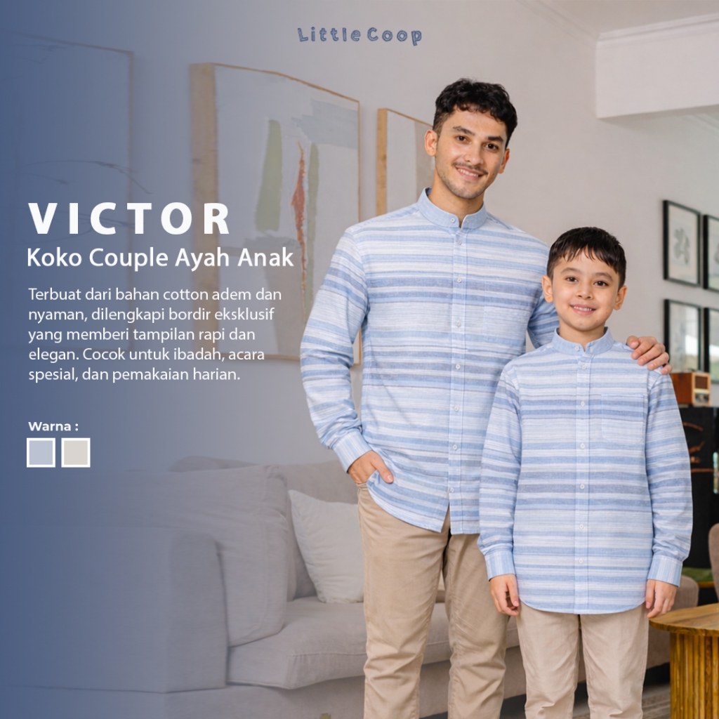 Little Coop - Victor Kemeja Koko Couple Ayah Anak Motif Salur Printing Collarless Baju Family Muslim