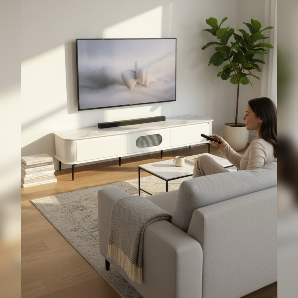 Meja TV Konsul / Rak TV Adella Kaca Motif Marmer P.2 meter Minimalis Simpel