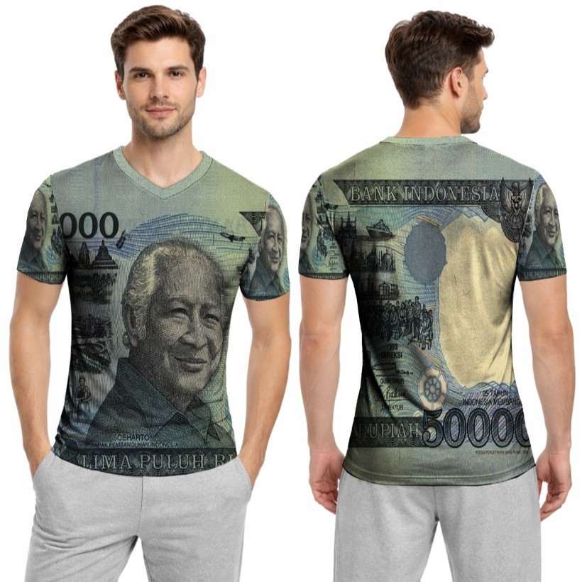 Kaos Fullprint Uang 50 Ribu Presiden Soeharto | T-Shirt Unik Cing Ato Vintage Bank Indonesia Pria