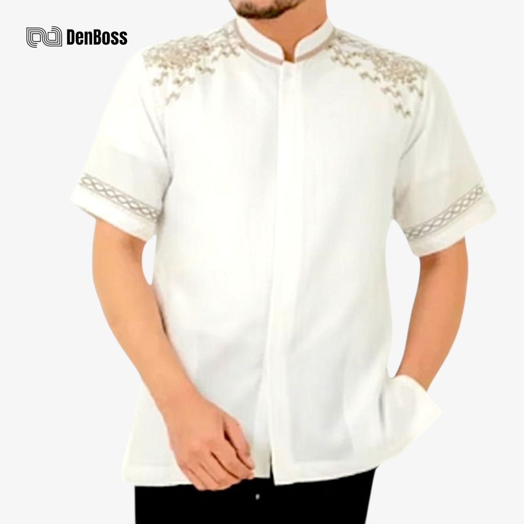 DB S&D Baju Koko Muslim Pria Dewasa Lengan Pendek Bordir Polikatun Premium S-4XL Jumbo Putih Tulang 