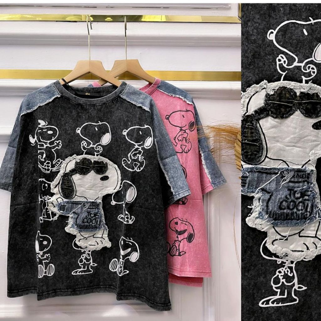 Kaos Wanita Import Mix Jeans Oversize Premium LD 120cm | T-Shirt Fashion Korea Kombinasi Denim Unik 