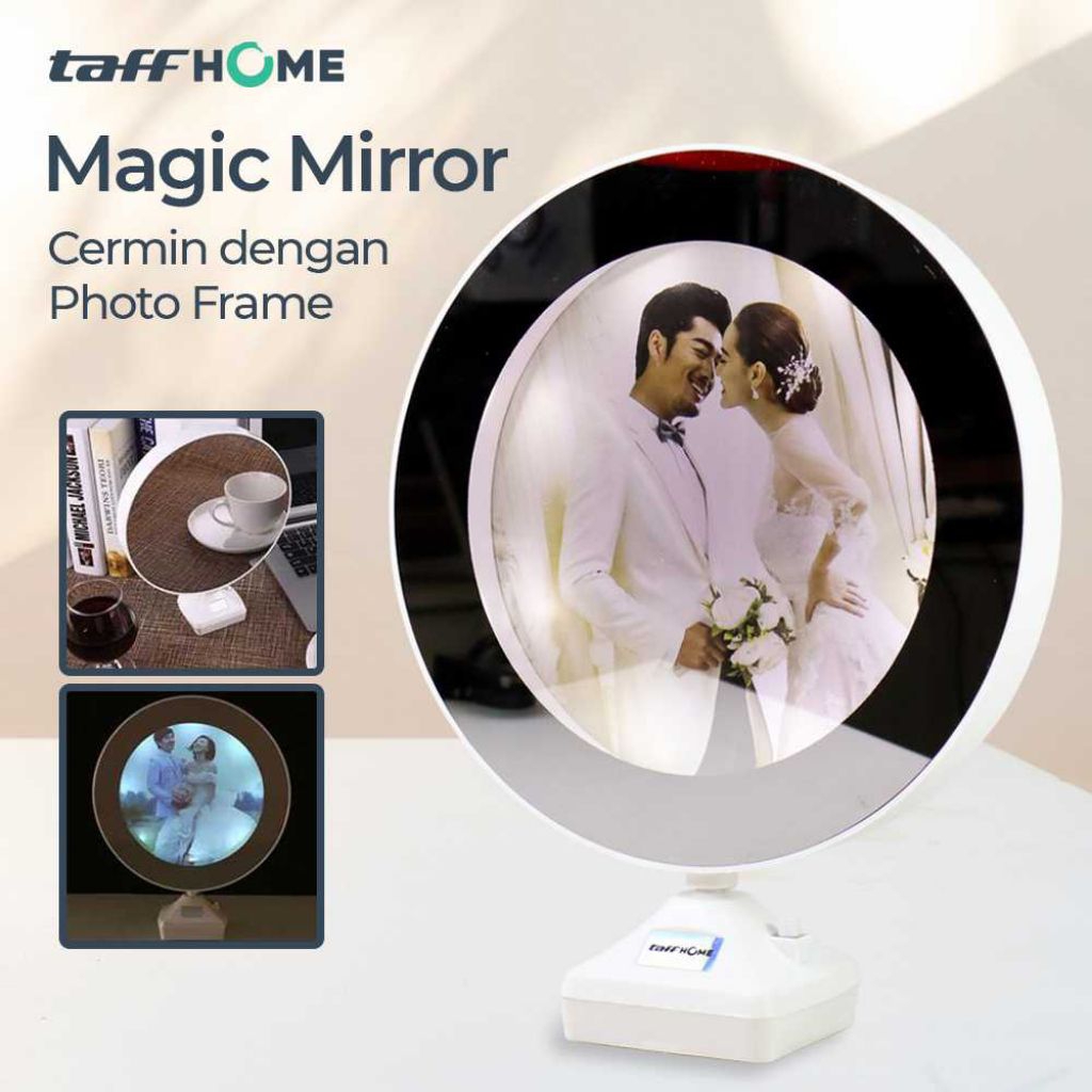 TaffHOME Magic Mirror LED Cermin Jam Digital Photo Frame Estetik Modern Dekorasi Meja Kamar