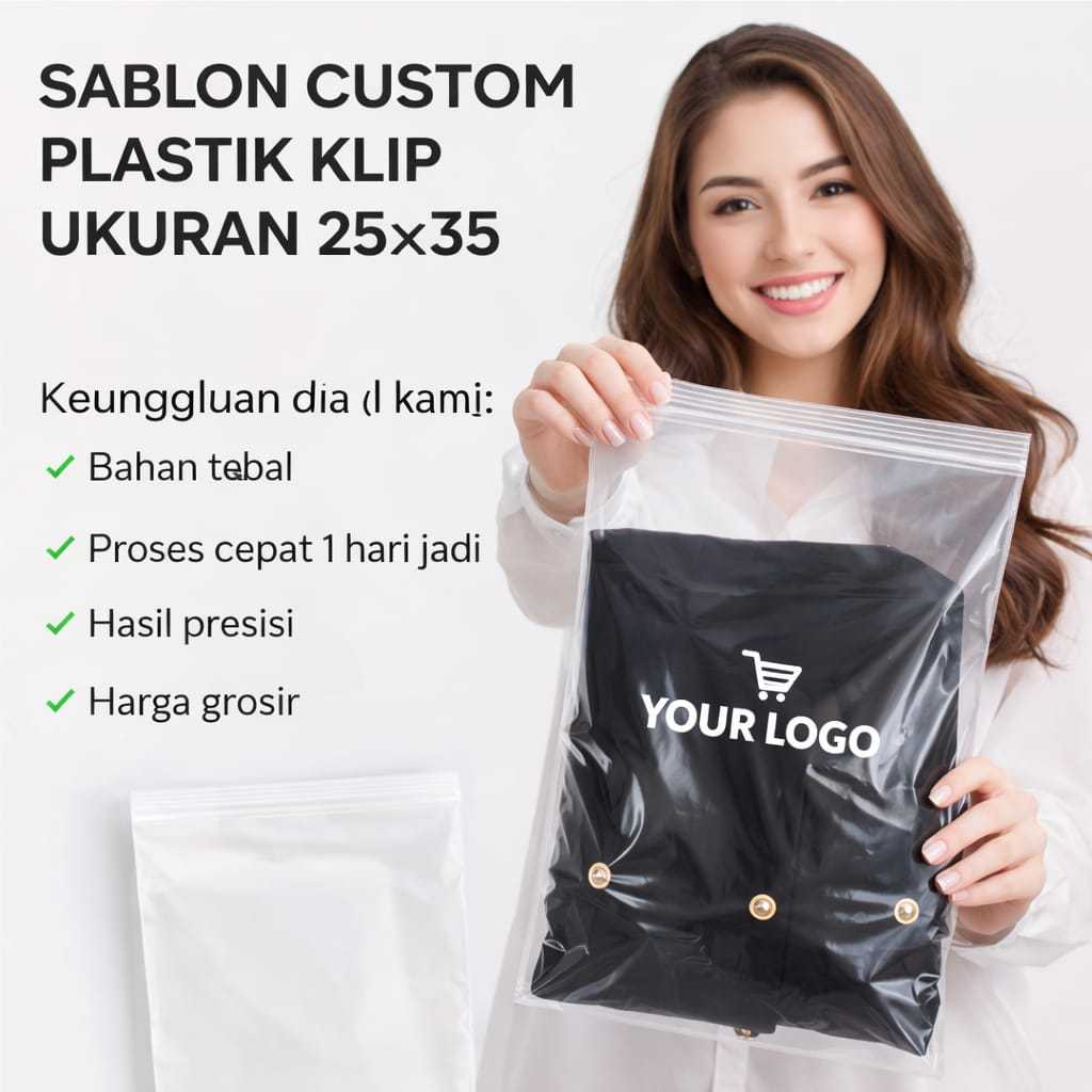 Plastik Sablon – Plastik Baju Klip 25x35 100Pcs – Free Desain – Tebal 50 Micron – Bening Transparan