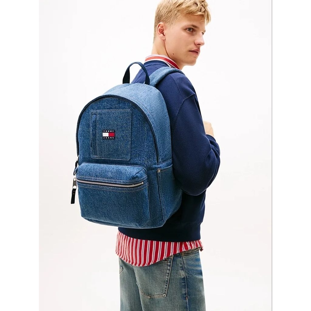 Tommy Hilfiger Men's THRAM140521A Logo Denim Dome Backpack Laptop 14 inch - Mid Denim