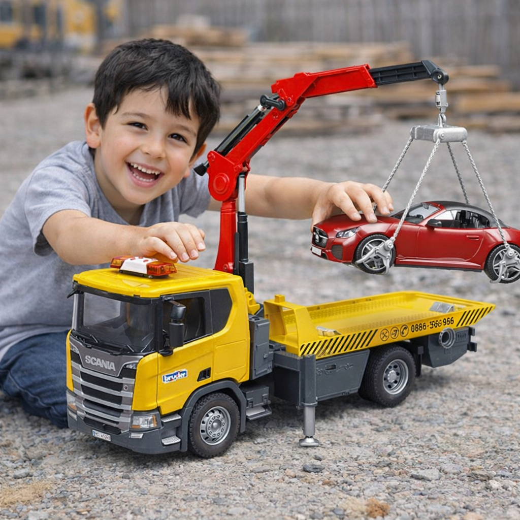 Bruder 3552 Scania Super 560R Tow truck with Light & Sound Module and Roadster - Mainan Miniatur Tru