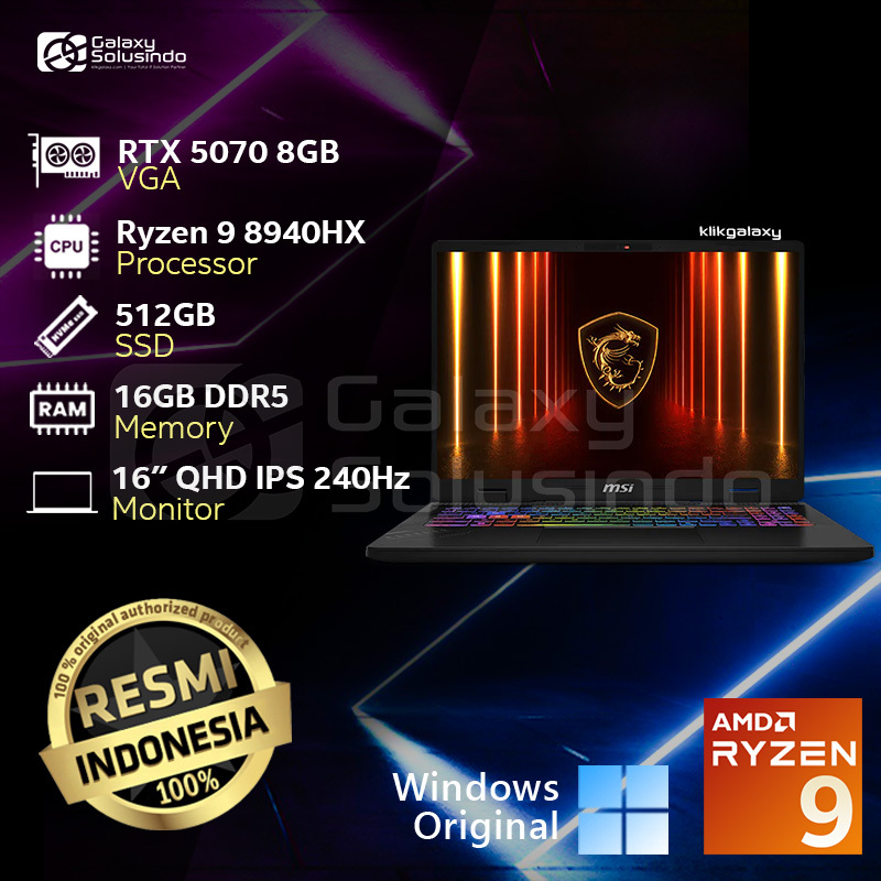 MSI CROSSHAIR A16 HX D8WGKG-211ID - GeForce RTX 5070 AMD Ryzen 9 8940HX 512GB SSD 16GB RAM Notebook 
