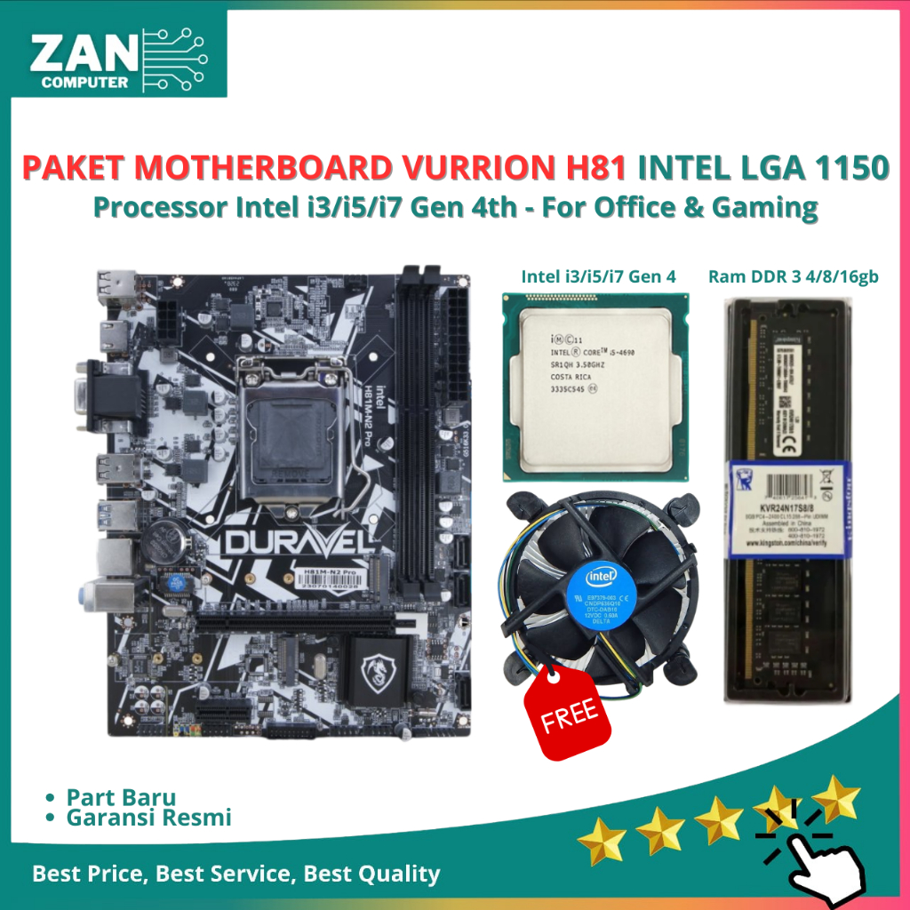 Paket Motherboard H81 Vurrion Duravel Socket 1150 DDR3 Dual M.2 NVME Support i3 4170 i5 4590 i7 4790