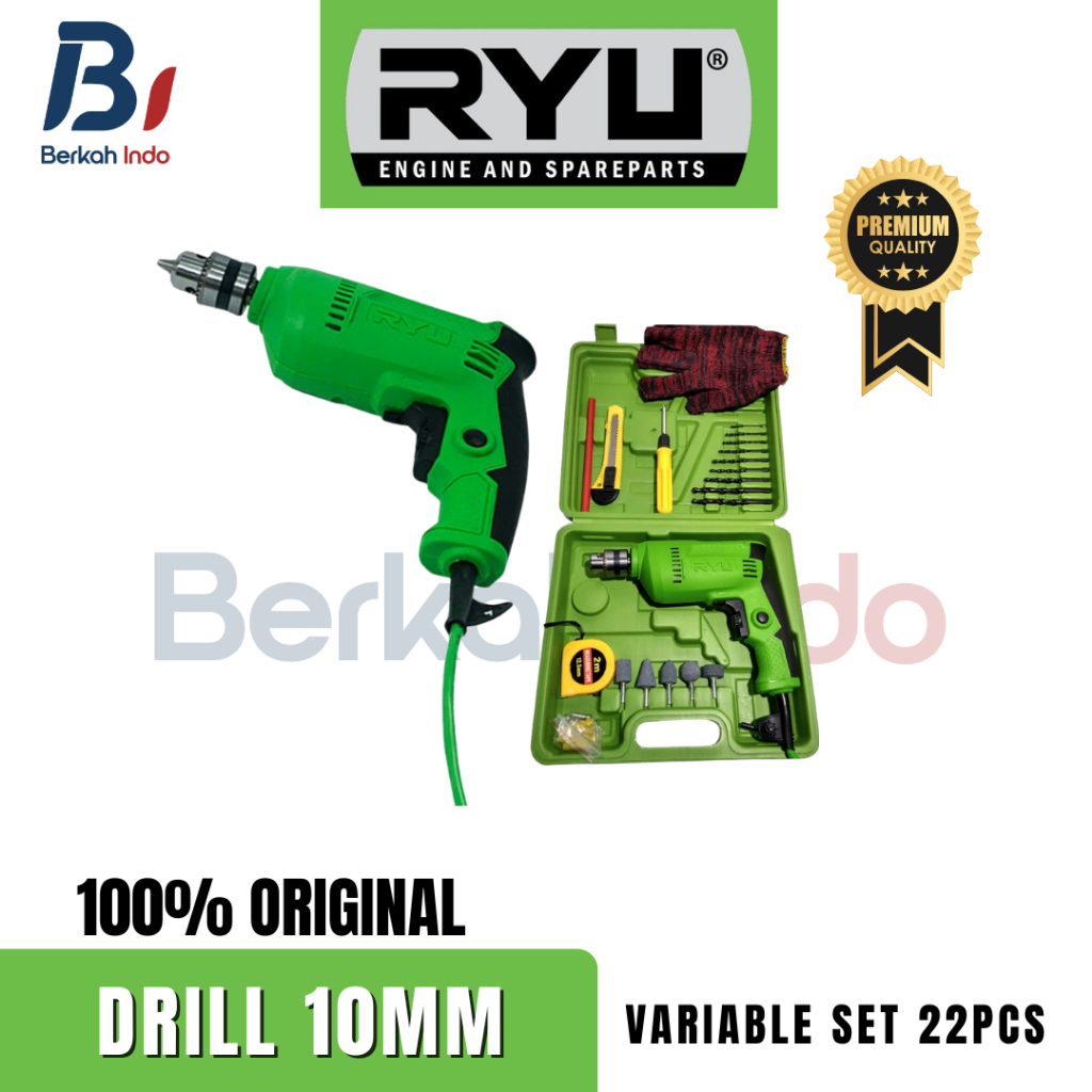 RYU Drill 10 Mm Variable Set 22 Pcs - Mesin Bor Set RYU 10 MM Lengkap dengan Koper & Aksesoris