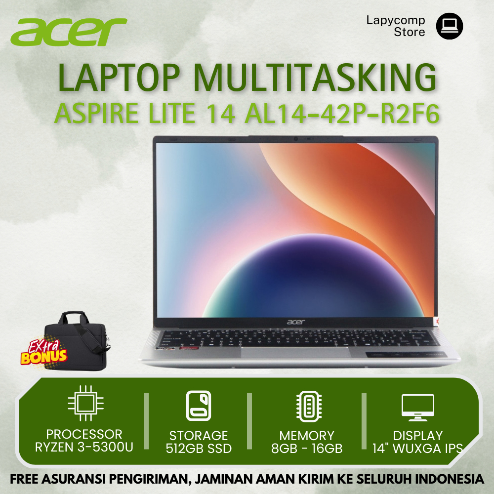 Acer Aspire Lite 14  - R2F6 Ryzen 3 5000 Ram 8GB Ssd 512GB 14" Wuxga IPS Laptop Gaming Kerja Pelajar