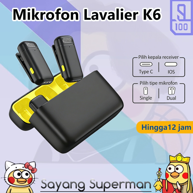 K6 Wireless Microphone Lavalier Clip on Mic Dual Mikrofon For Type C for Android Phone 2In1 Set Dapa