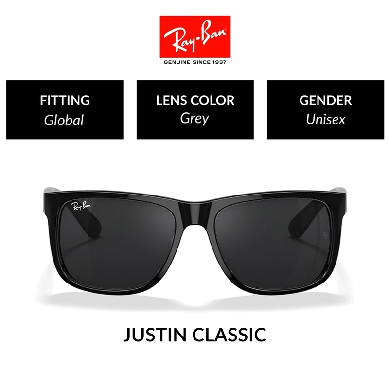 NEW 100% Original Ray-Ban Kacamata Hitam Justin RB4165 Sunglasses Black pria wanita Ori Grey Light