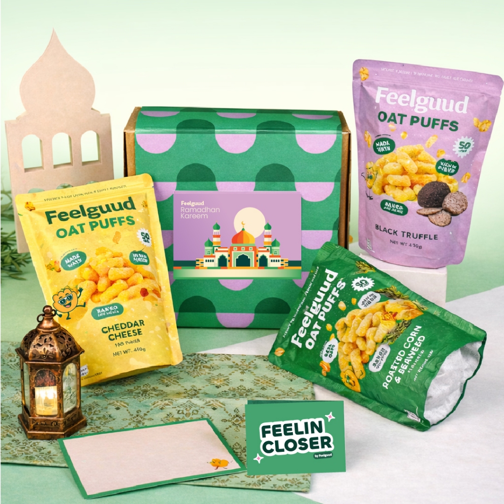 [HAMPERS] Feelguud Snack Sehat - Oat Puffs Baked 40gr - Keju Cheddar + Rumput Laut + Jagung Bakar + 