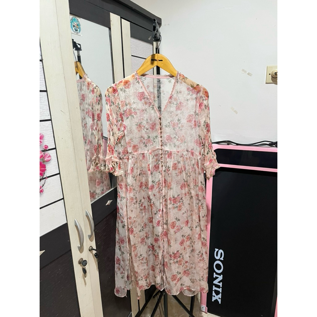 outer long sifon organza motif bunga cantik korean style baju atasan top wanita murah taman pantai