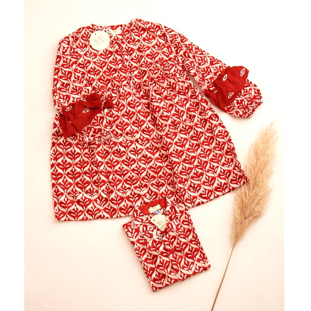 kemeja batik couple anak dan tunik anak, hijau botol, merah