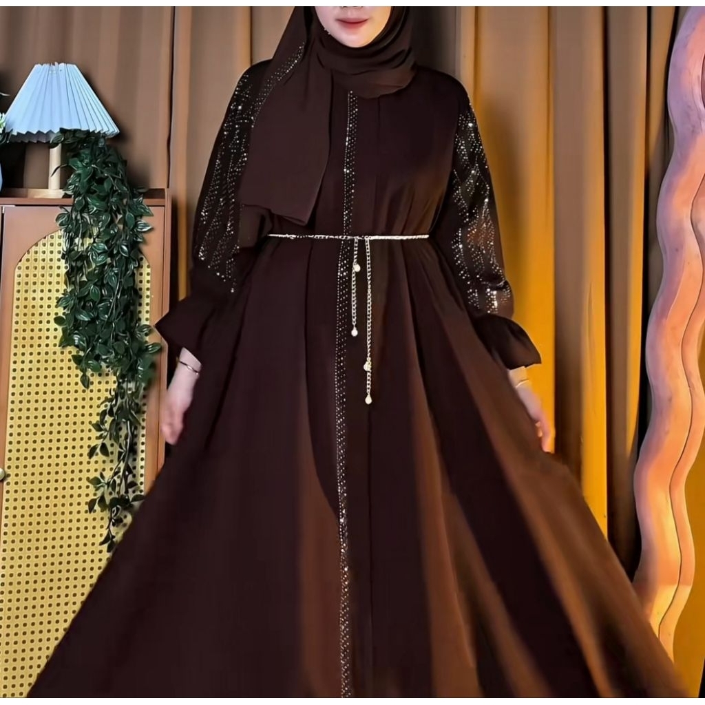 ABAYA PREMIUM SET KERUDUNG PASMINA RESLETING FULL OUTER JETBLACK WOLPIECE DUBAI LEBARAN 2026