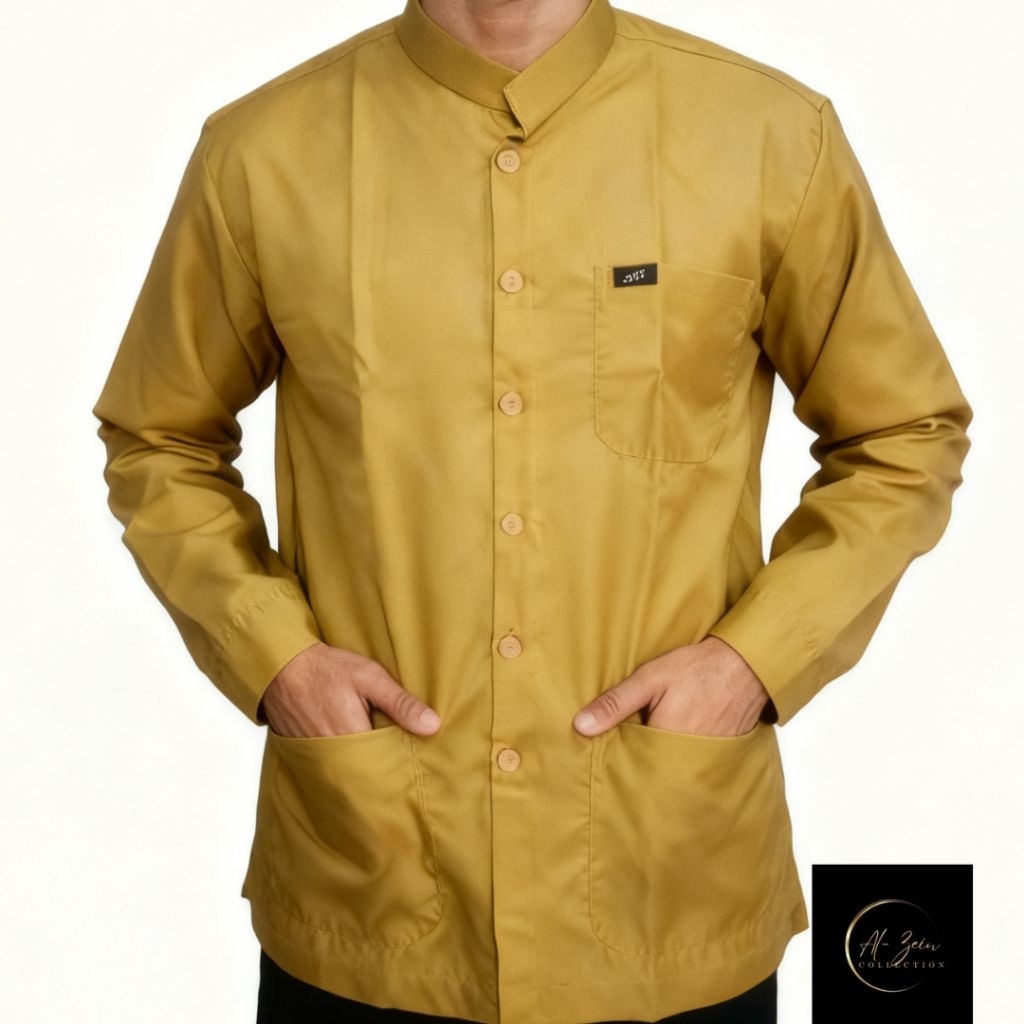 Koko Haibah Pria Lengan Panjang | Warna Mustard | Kerah Shanghai | 3 Saku (1 Dada 2 Bawah) | Bahan T