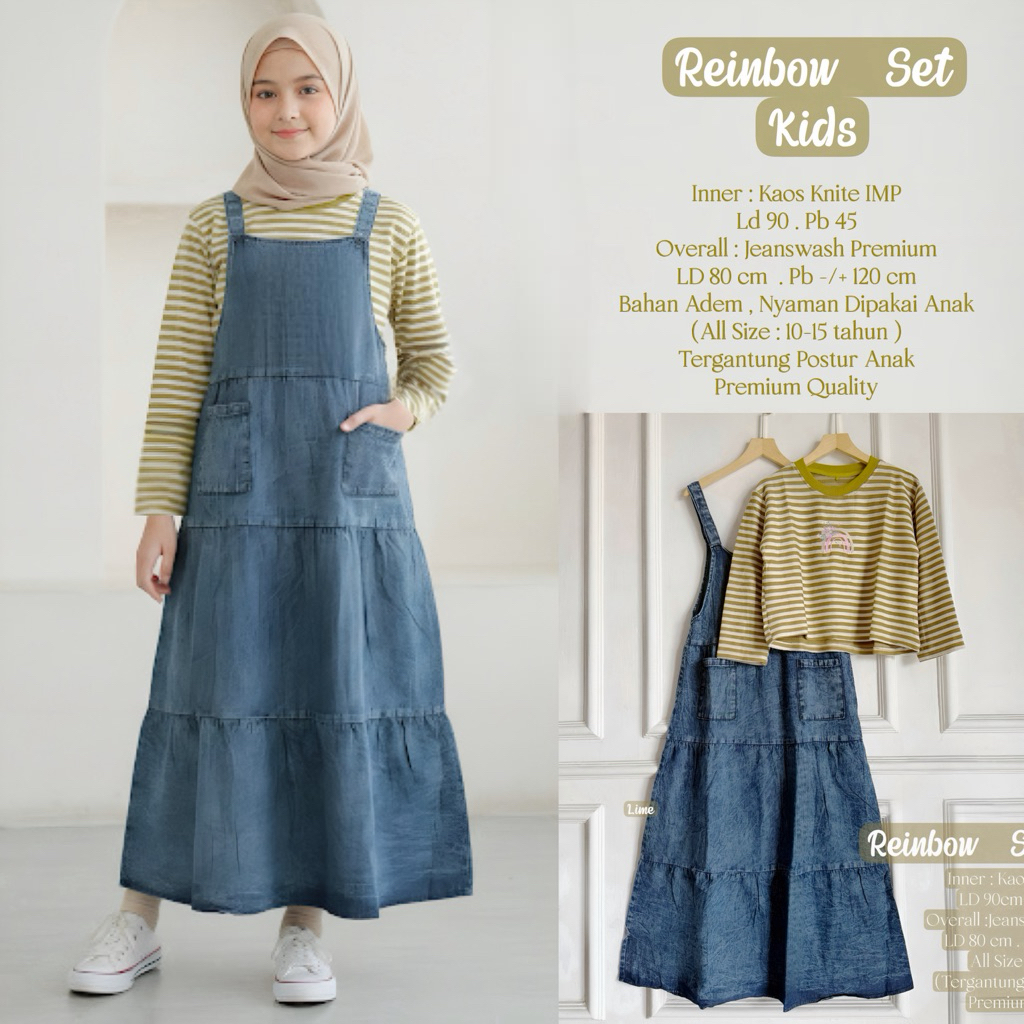 Reinbow Set Kids . Setelan Anak Perempuan . Remaja . Overall Jeans Premium . BISA COD