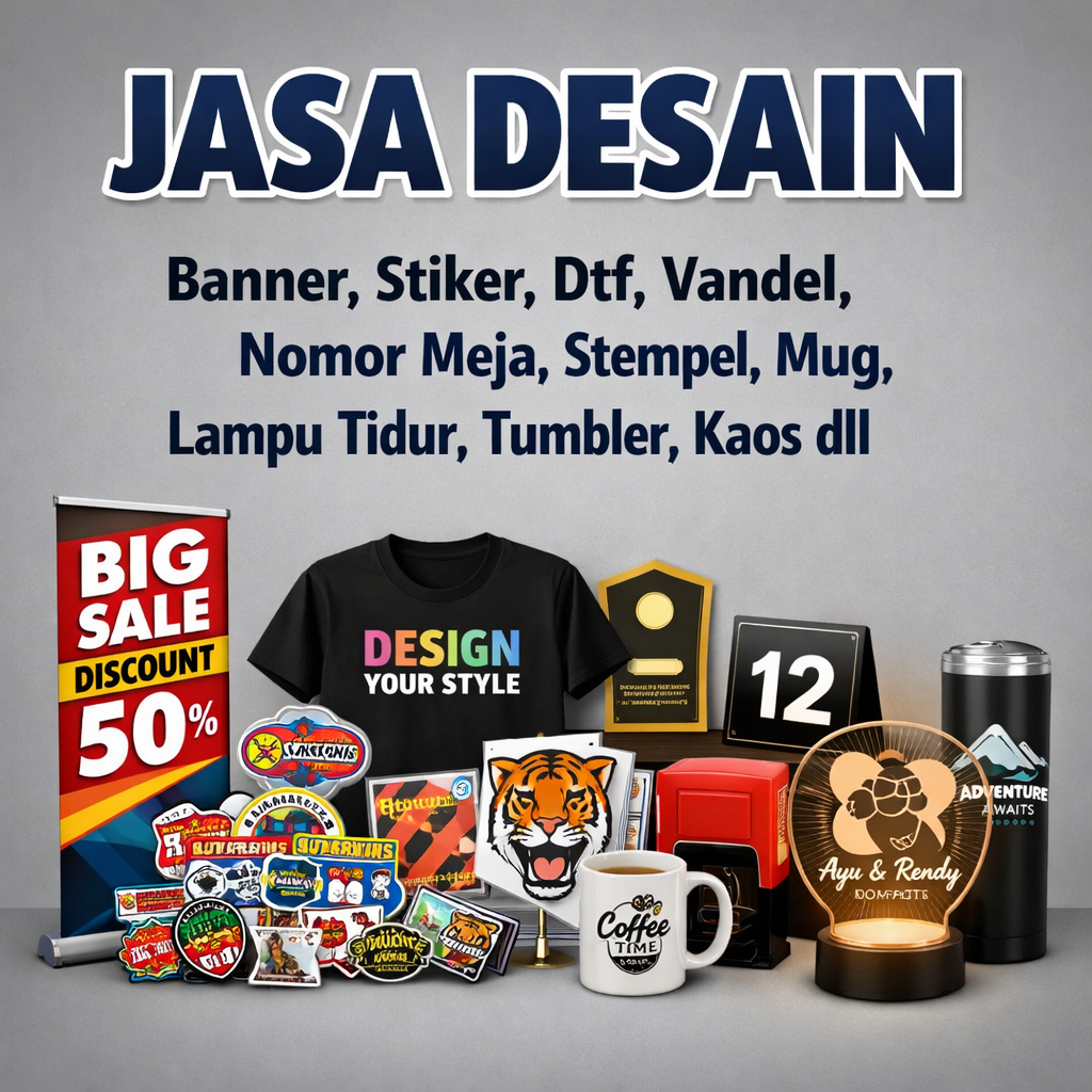 Jasa Desain Banner, Stiker, Dtf, Vandel, Nomor Meja, Stempel, Mug, Lampu Tidur, Tumbler dll