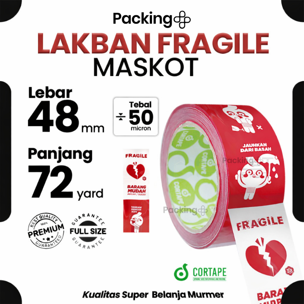 Lakban / Selotip / OPP Tape Printing Fragile Maskot Lucu 2inch 48mm x 72yard Cortape Harga Satuan